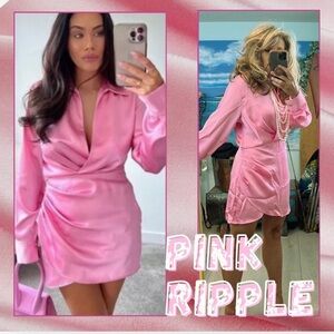 Pink Ripple,Vibrant,Stunner Pink Cross Chest Dress,SideZipper,Grand Lapel,Size M